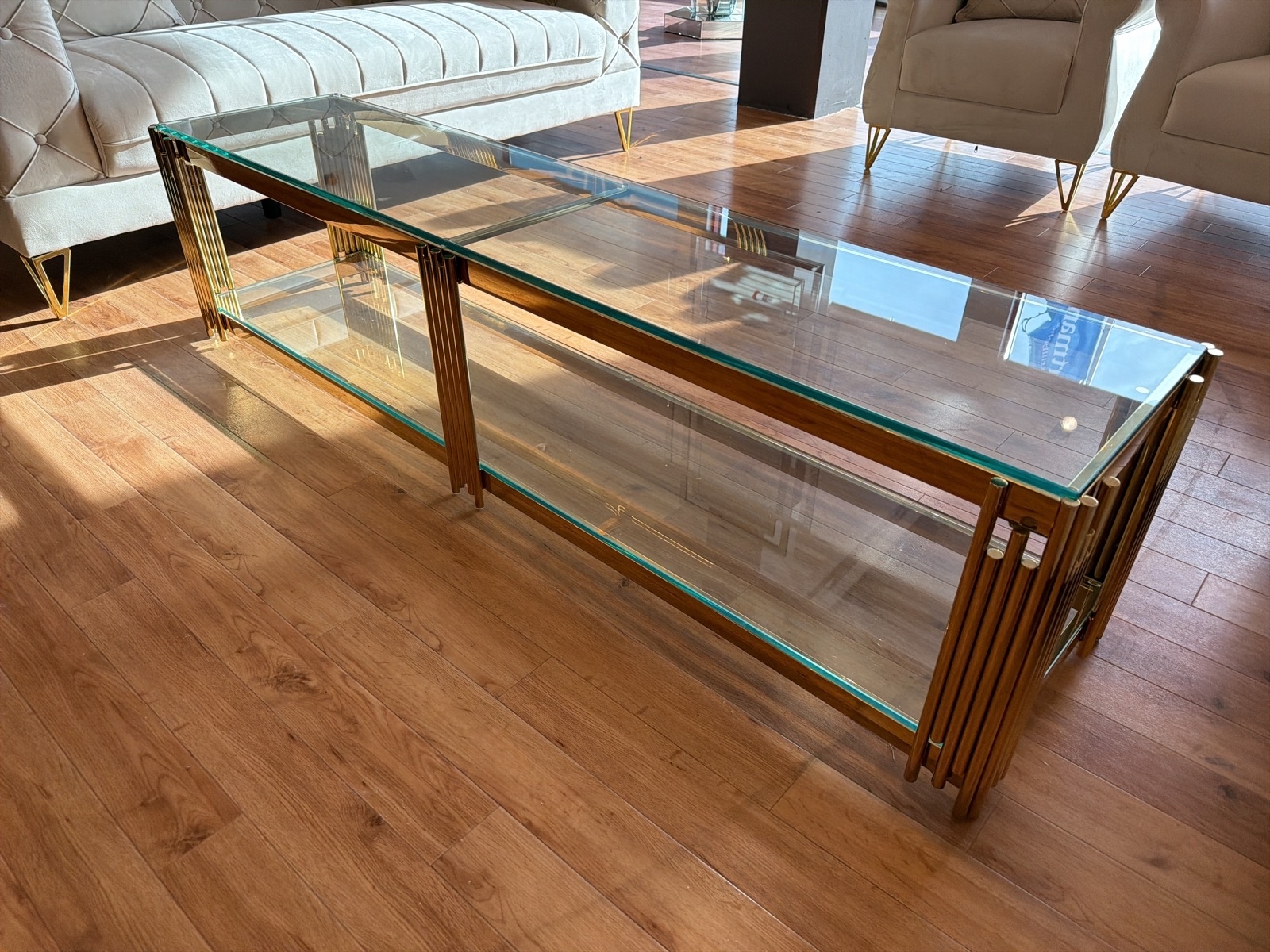 TV-bänk/ sidobänk, guld/ glas, 180 cm