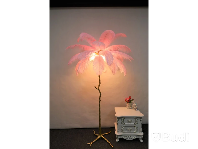 Golvlampa med fjädrar, höjd ca 160 cm, rosa, NY
