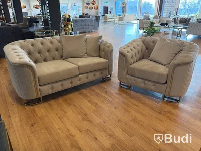 2-sits soffa samt fåtölj, greige sammet