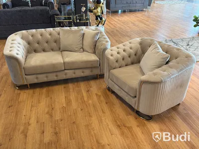 2-sits soffa samt fåtölj, greige sammet
