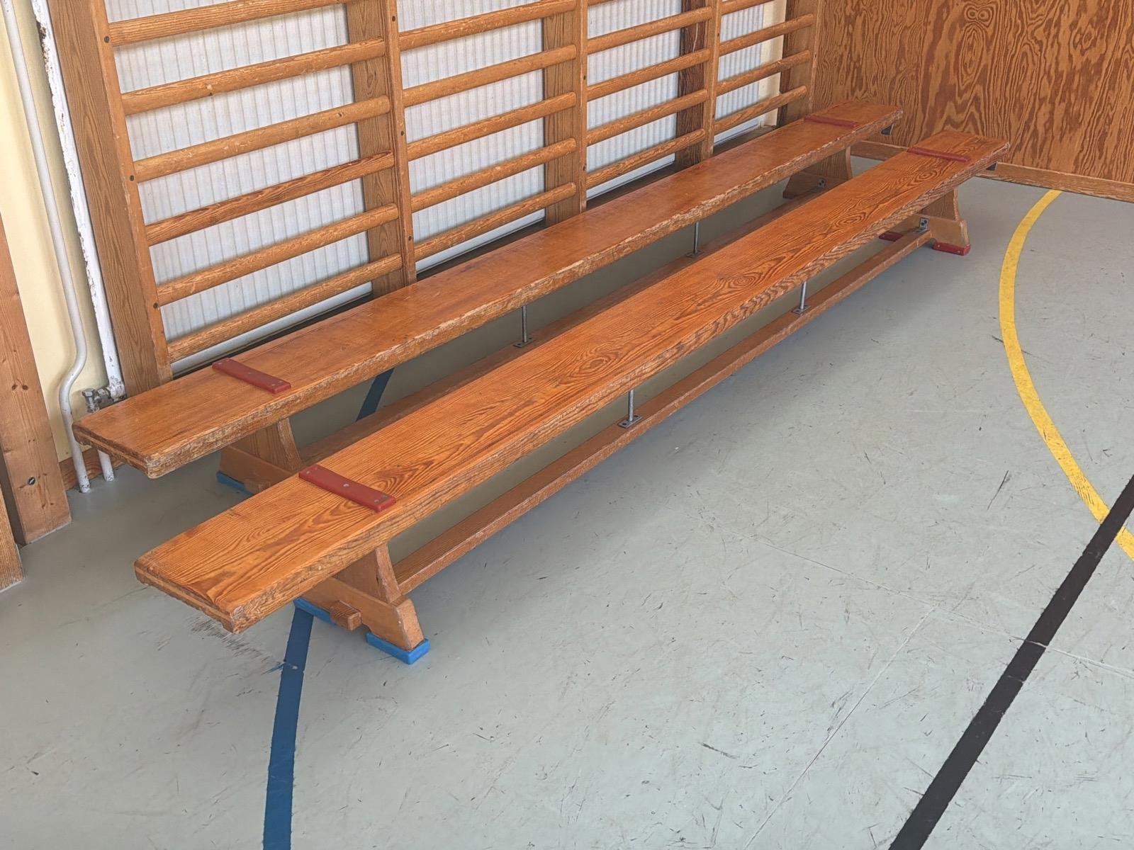 2 st gymnastikbänkar, brun trä, 340x25x30 cm