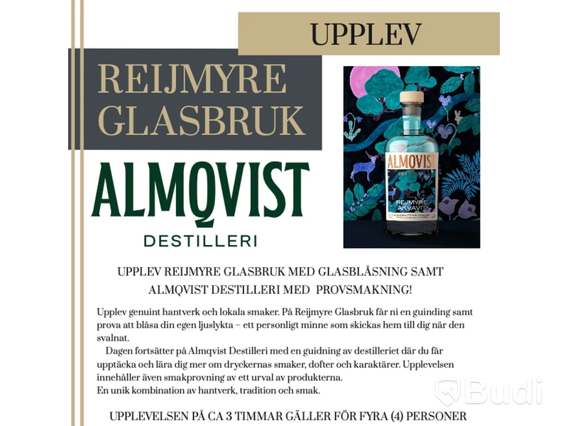 Experience Reijmyre Glasbruk with glassblowing and Almqvist Destilleri with tasting, for 4 people