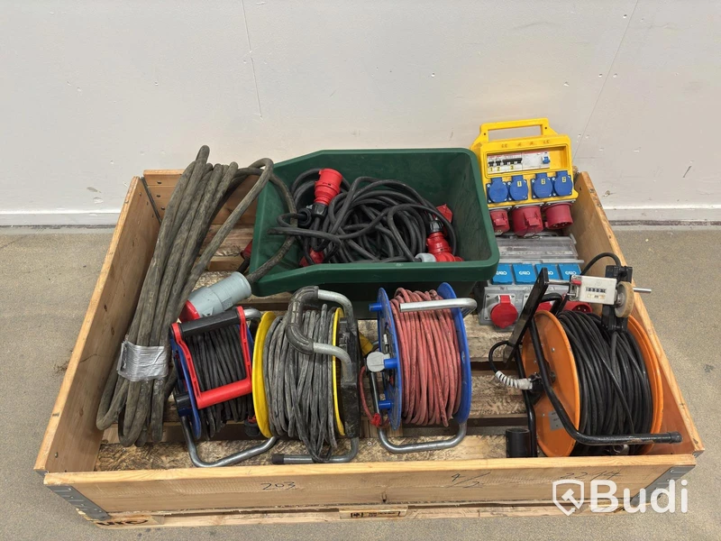 Lot of assorted electrical cables, cable reels and distribution units