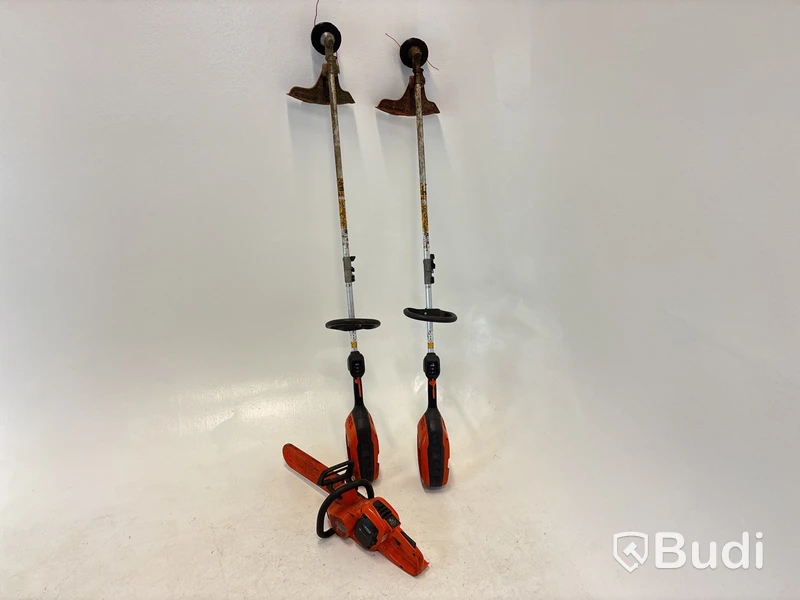 Batteridriven motorsåg och 2 st. kombinationsgrästrimmer