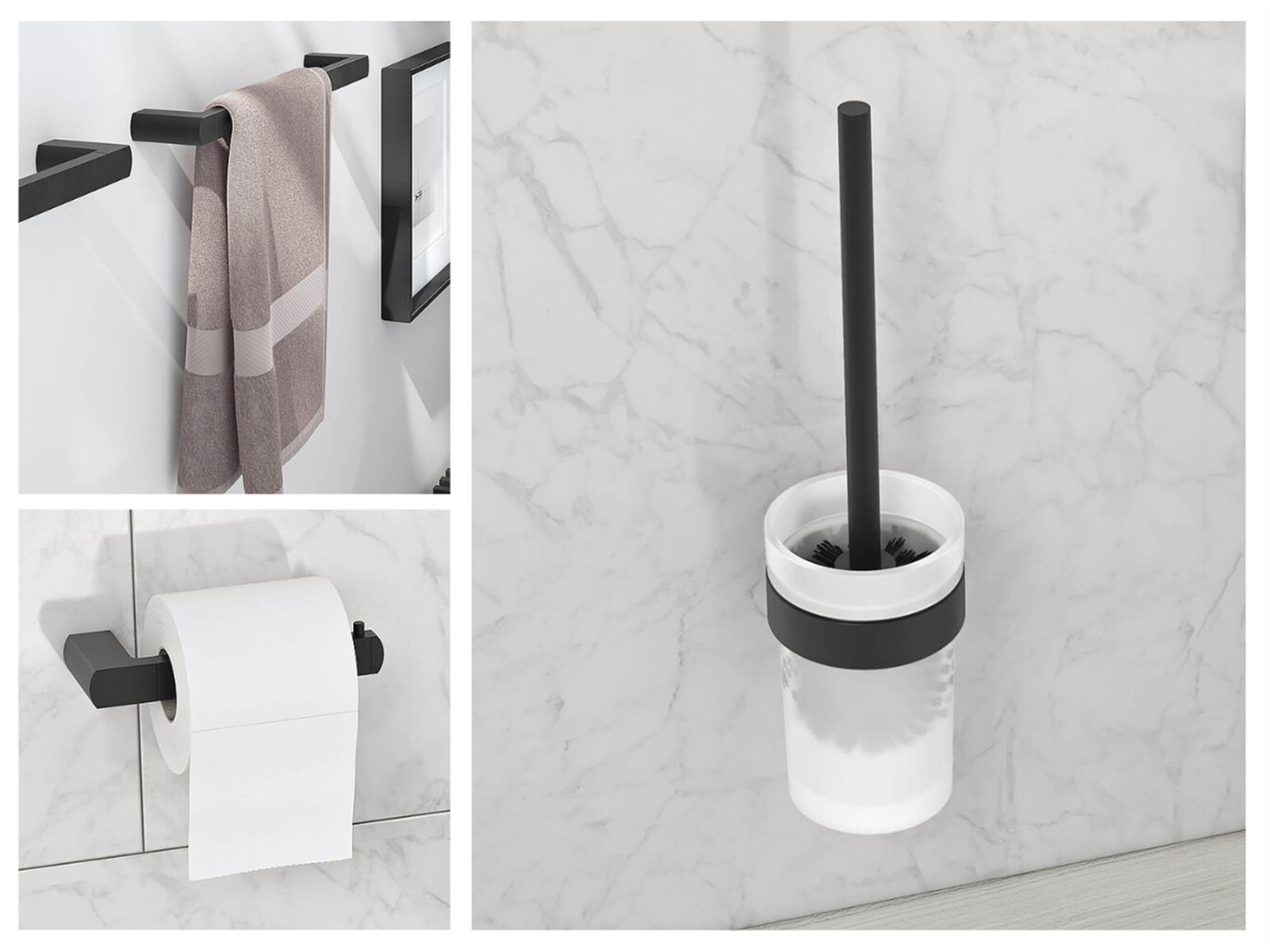 Paket med badrumtillbehör Gustavsberg: toalettrullehållare, toalettborsthållare samt 2 st. handukshållare