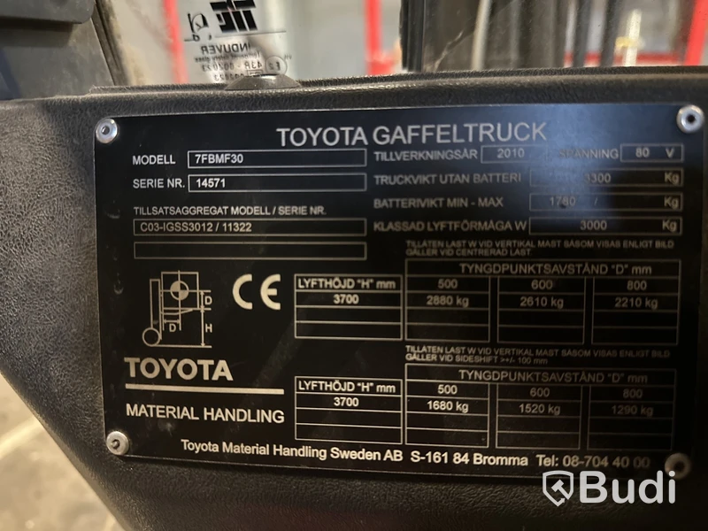 Gaffeltruck Toyota 7FBMF30, 80V, 2010 trasig bakruta, batteriet urladdat vid ankomst.