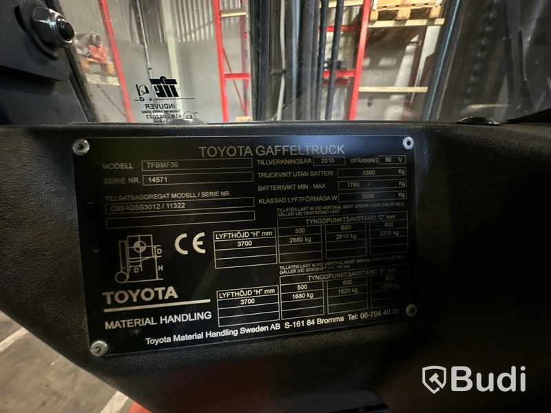 Gaffeltruck Toyota 7FBMF30, 80V, 2010 trasig bakruta, batteriet urladdat vid ankomst.