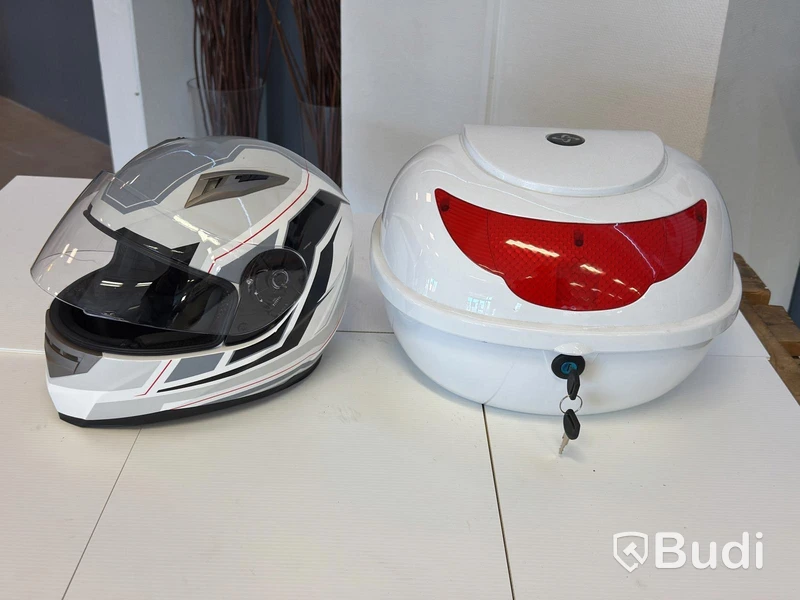 Full-face helmet, size L, and white top box