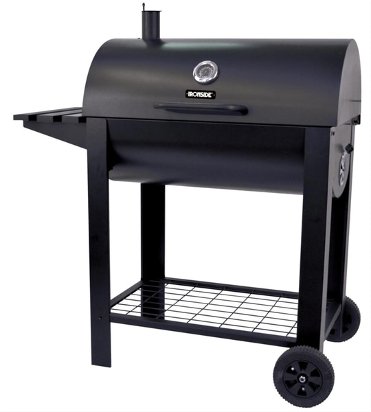 (NEW) IRONSIDE CHARCOAL GRILL WITH SIDE TABLE, L=106.W=48.H=107 WITH PROTECTIVE COVER