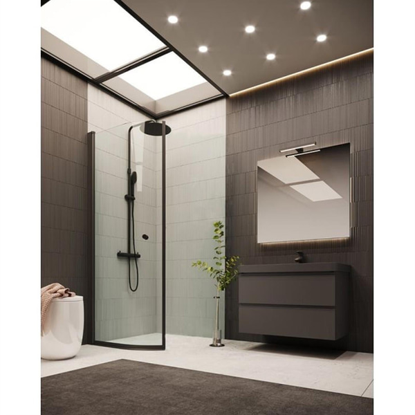 (NEW) ARROW DOOR SHOWER DOOR, 90 CM, ROUNDED, CLEAR GLASS, BLACK