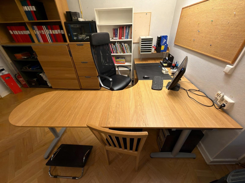 Corner desk with chair and mobile pedestal