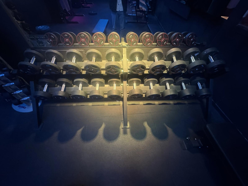 Complete set of dumbbells on rack, 10 kg to 32.5 kg