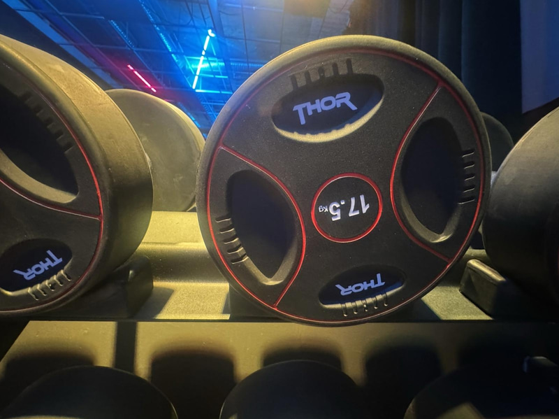 Complete set of dumbbells on rack, 10 kg to 32.5 kg