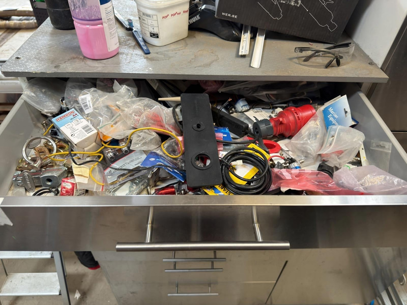 Cabinet with drawers and tall cabinet, assorted contents included