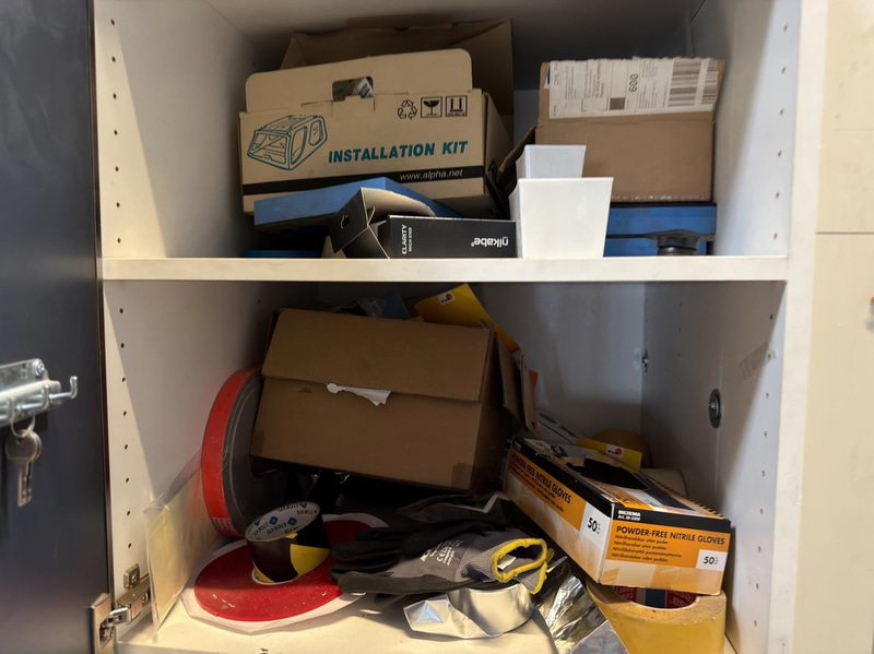 Cabinet with drawers and tall cabinet, assorted contents included