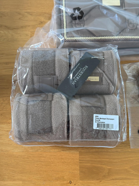 Dressage saddle pad, leg wraps and ear bonnet, Equestrian Stockholm, champagne