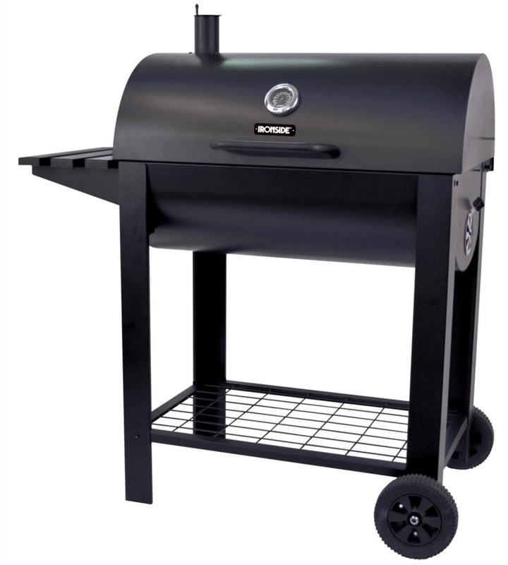 (NEW) IRONSIDE CHARCOAL GRILL WITH SIDE TABLE, L=106.W=48.H=107 WITH PROTECTIVE COVER