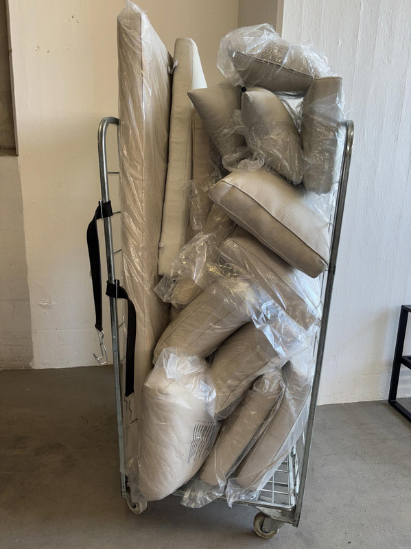 Lot of outdoor pillows and cushions, beige