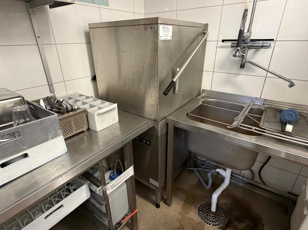 Dishwasher, Hobart ecomax 602-10, with infeed and outfeed tables