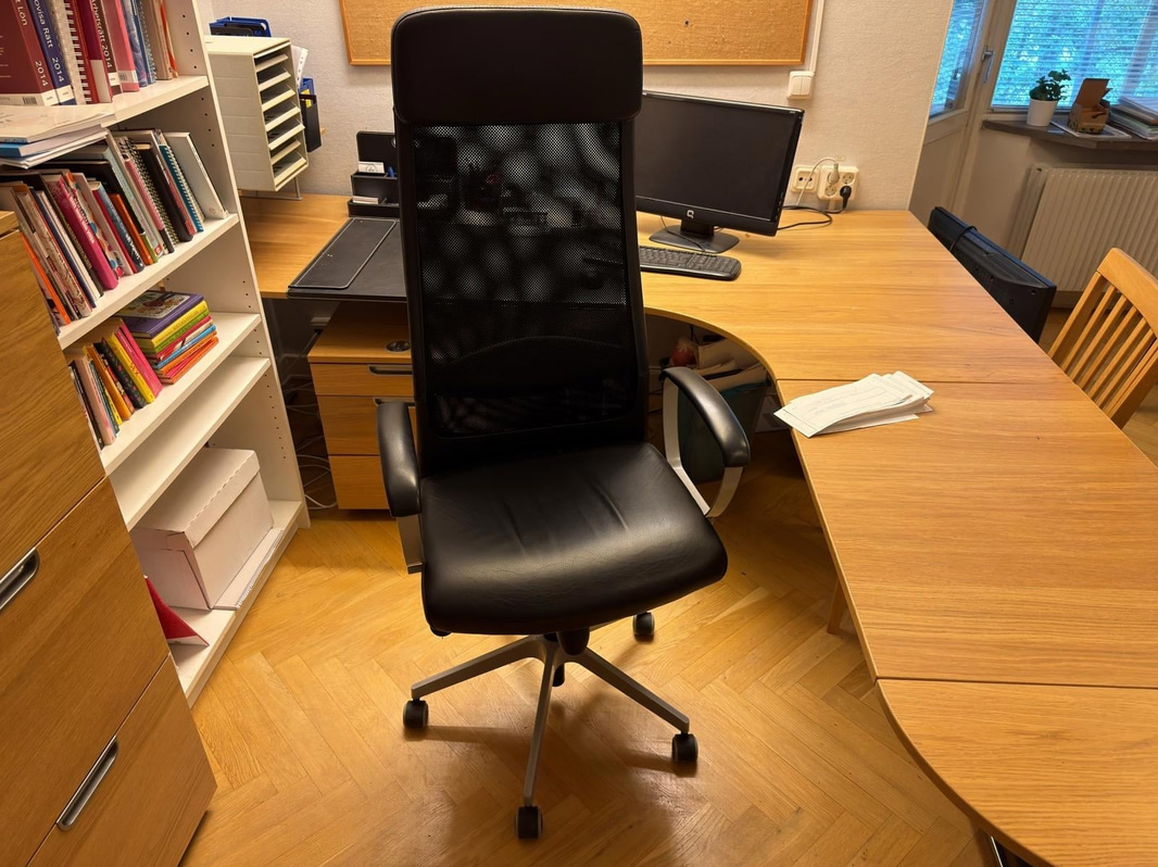 Corner desk with chair and mobile pedestal