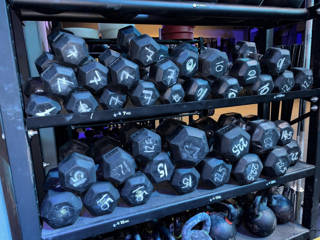 Weight rack including dumbbells and kettlebells