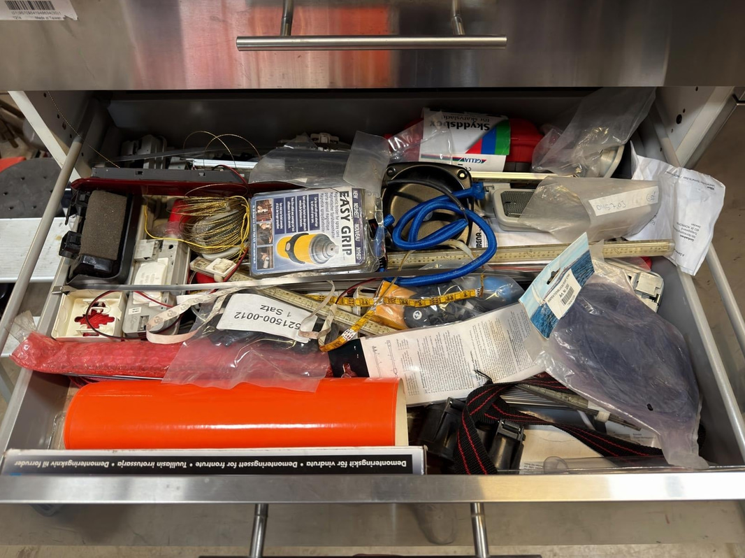 Cabinet with drawers and tall cabinet, assorted contents included