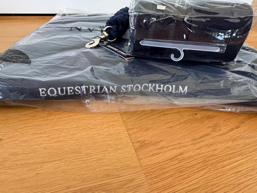Dressage saddle pad, leg wraps and ear bonnet, Equestrian Stockholm, black/navy