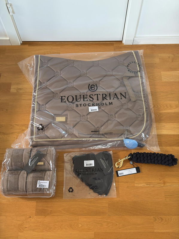 Dressage saddle pad, leg wraps and ear bonnet, Equestrian Stockholm, champagne