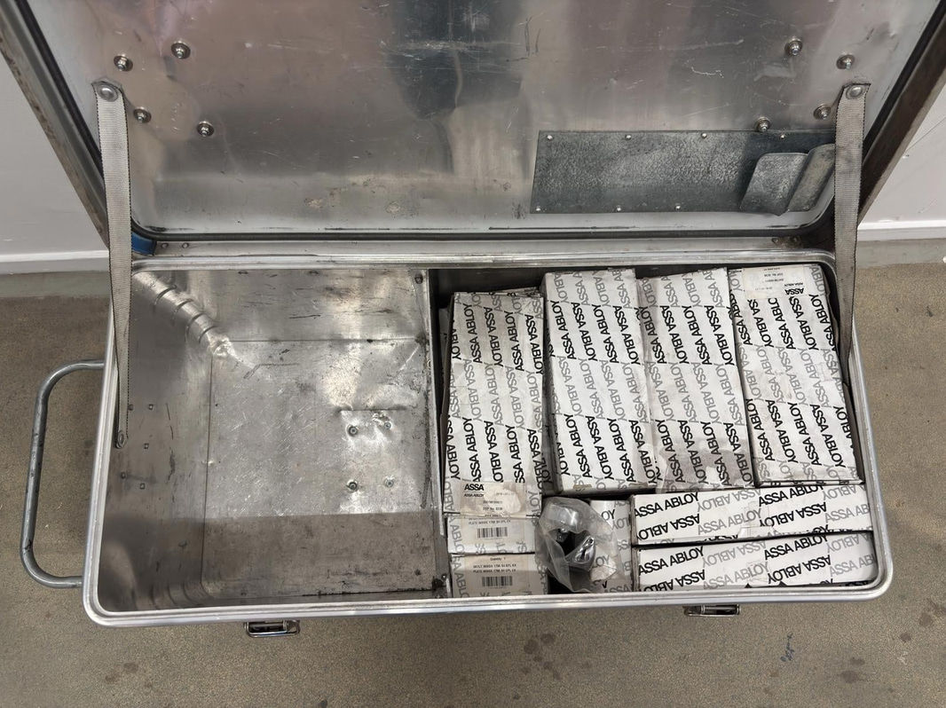 Lot of 30 ASSA ABLOY emergency exit hardware + metal trolley