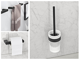 Paket med badrumstillbehör Gustavsberg: toalettrullehållare, toalettborsthållare samt 2 st. handdukshållare