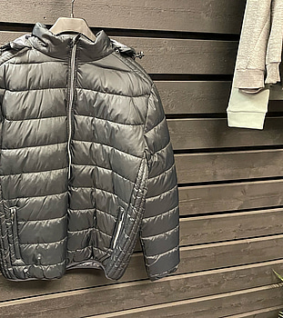 Dunjacka stl. L, Russell, grå, med huva, nypris 1300 kr