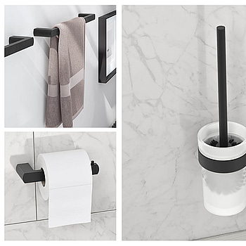 Paket med badrumtillbehör Gustavsberg: toalettrullehållare, toalettborsthållare samt 2 st. handukshållare