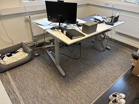 Höj och sänkbart skrivbord inkl. kontorsstol, matta och dator