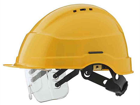 5 st. SKYDDSHJÄLM IRIS 2 VISIR, GUL FÖR ELEKTRIKER, OVENTILERAD