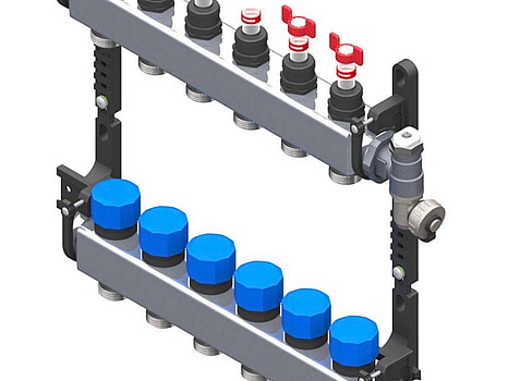 Golvvärmefördelare flooré, 1 tum, rostfri 6 utgångar