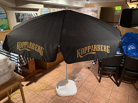 6 st. Parasoll med fot Kopparberg, svart duk, vit fot