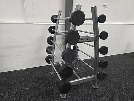 Skivstänger med fasta vikter 10-45kg.