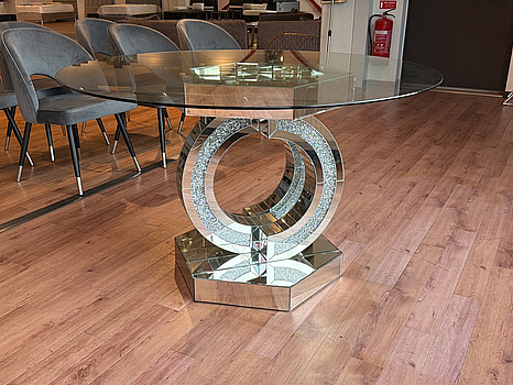 Runt bord med glasskiva och spegeldetaljer, Ø 130 cm