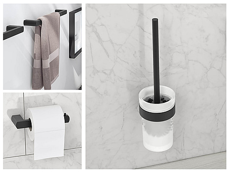 Paket med badrumstillbehör Gustavsberg: toalettrullehållare, toalettborsthållare samt 2 st. handdukshållare