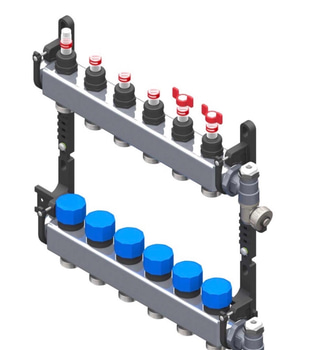 Golvvärmefördelare flooré, 1 tum, rostfri, 6 utgångar