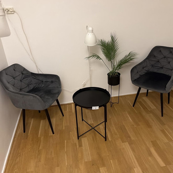 Sittgrupp två stolar, bord, golvlampa och växt