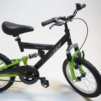 Cykel Tiger, MTB heldämpad, hjul 16 tum, ram 8 tum, svart/grön