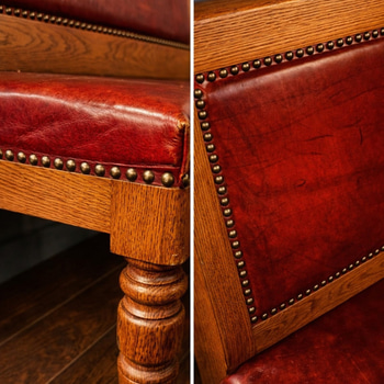 2 st hallbänk, vintage, brunröd/svart, trä, läder, metall