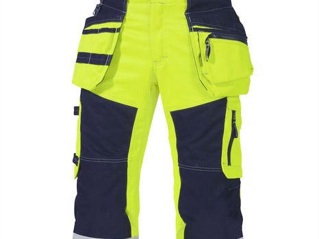 4 st. Hantverksbyxor Björnkläder, varsel, Klass 2, gul/marin, stl. 62