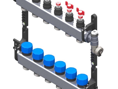 Golvvärmefördelare flooré, 1 tum, rostfri, 6 utgångar