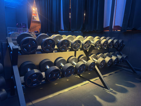 Hantlar på ställning från 10kg till 32,5 kg komplett set