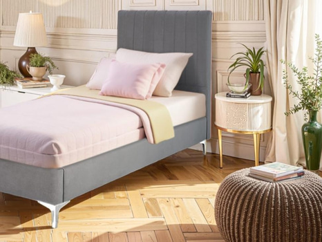 Säng med gavel i grå sammet, 90x200 cm