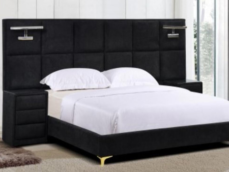 Säng med gavlar i svart teddytyg, 180x200 cm