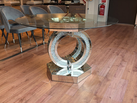 Runt bord med glasskiva och spegeldetaljer, Ø 130 cm