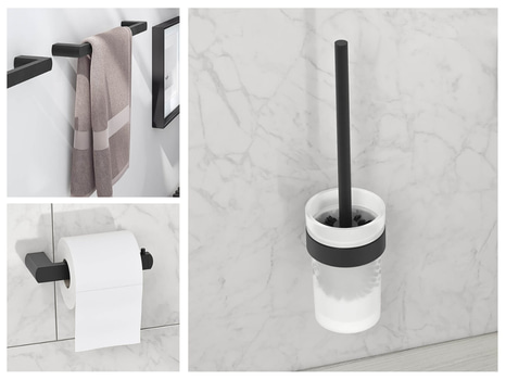 Paket med badrumstillbehör Gustavsberg: toalettrullehållare, toalettborsthållare samt 2 st. handdukshållare